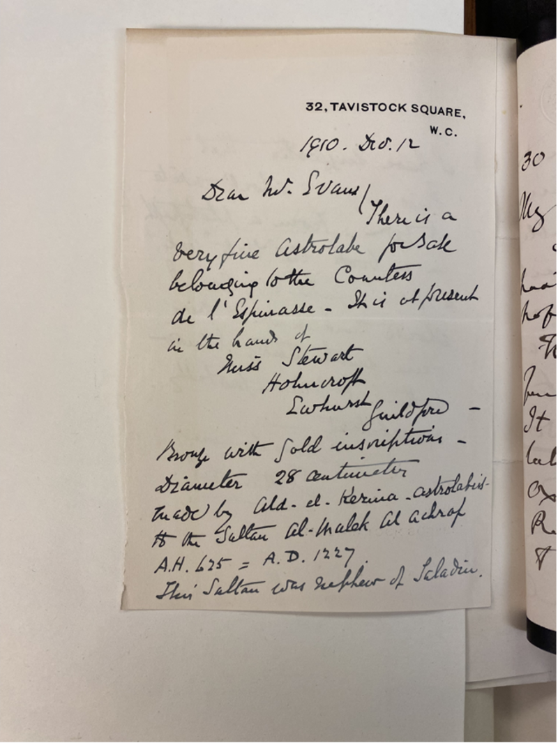 HSM Evans MS 78. Letter from Edward Knobel to Lewis Evans, written on 12 December 1910 and sent from Knobel’s residence at 32 Tavistock Square, London HSM Evans MS 78. Letter from Edward Knobel to Lewis Evans, written on 12 December 1910 and sent from Knobel’s residence at 32 Tavistock Square, London